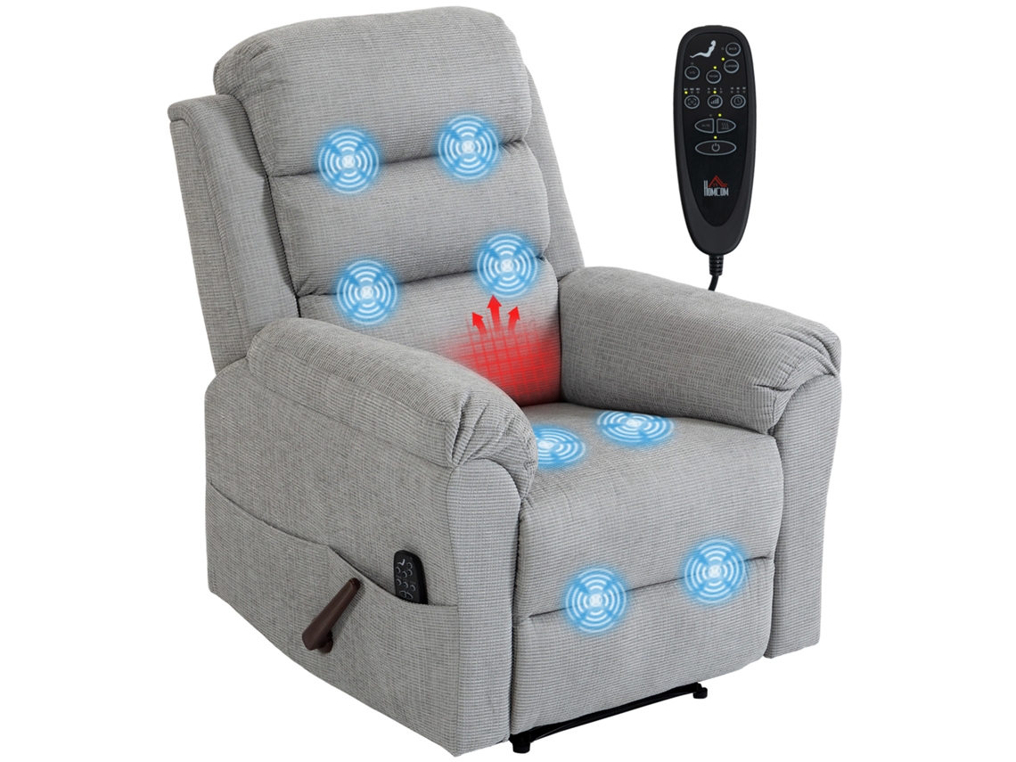 Poltrona De Massagem Reclinável Manual De 135° Com Aquecimento, Apoio De Cabeça Ajustável, Chenille, Cinza Claro