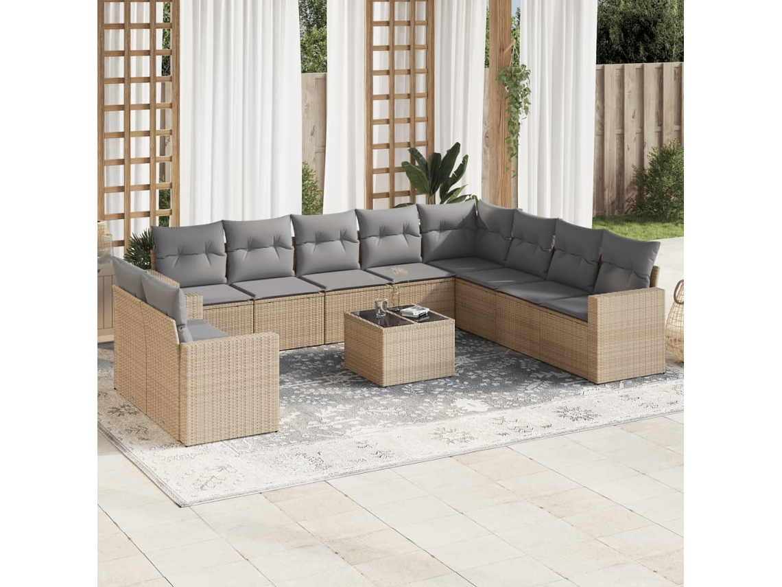 Vidaxl 11 Pcs Conjunto Sofás De Jardim C/ Almofadões Vime Pe Bege
