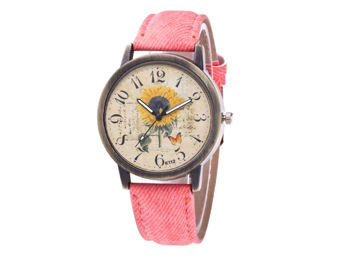 Relógio de pulso unissex Zhoulianfa Quartz, modelo Girassol Rosa com Pulseira Jeans