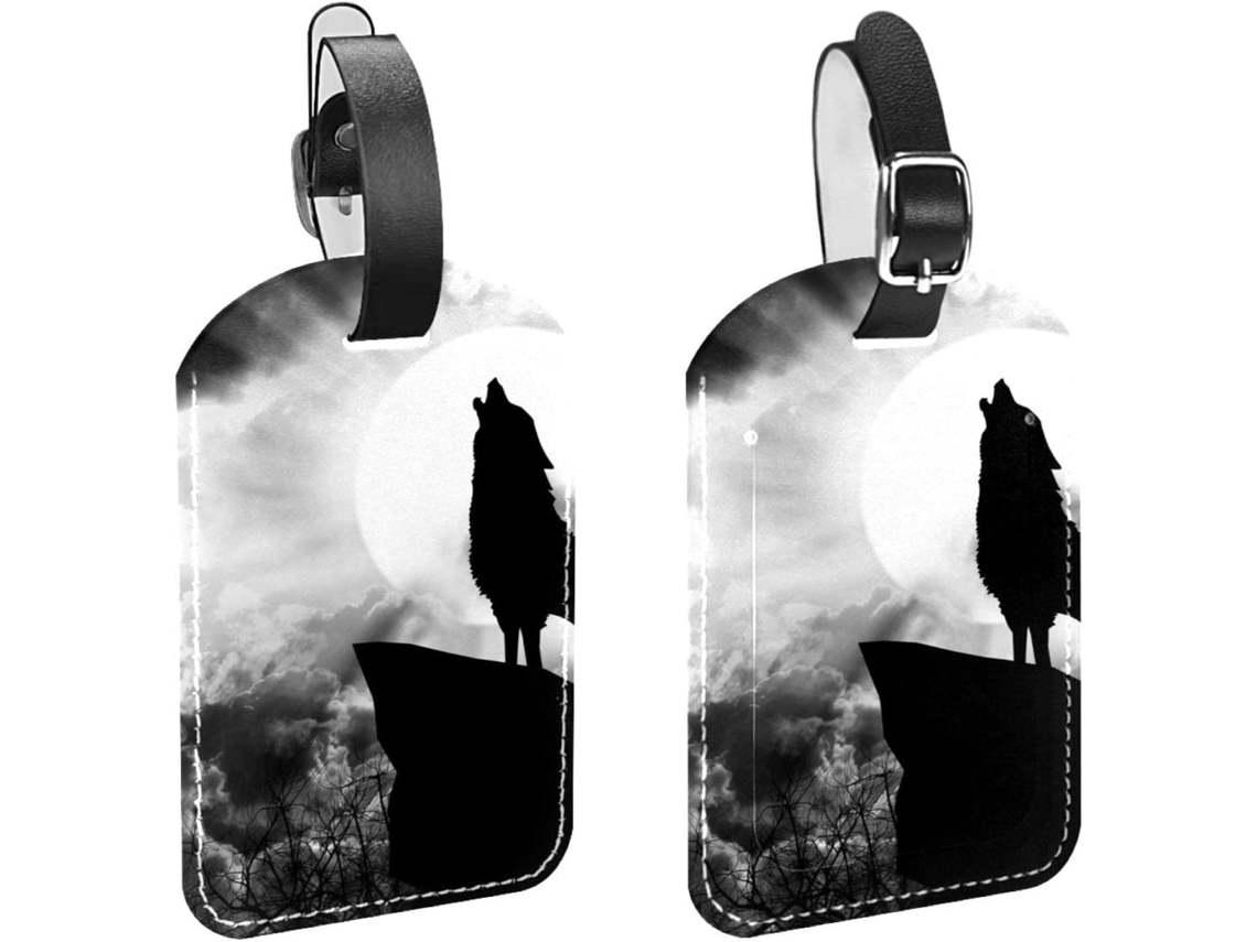 Conjunto De 2 Etiquetas Bagagem Em Imitação Couro Com Estampa Lobo, Cinza