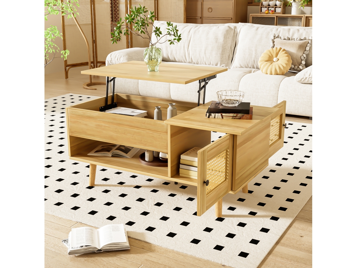 Elegante Mesa De Centro Com Tampo Elevatório E Portas Em Rattan, Na Cor Madeira Com Detalhes Em Preto, Ideal Para A Sala De Estar BAGOLY