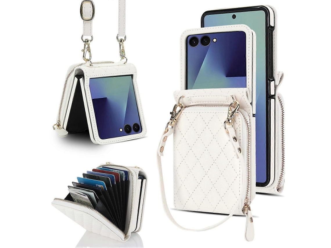 Capa De Couro Com Zíper Grande, Compartimento Para Cartão E Alça Transversal Para Samsung Galaxy Z Flip7 5g