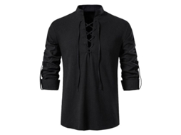 Camisa De Linho Casual De Manga Longa Com Gola De Cordão, Modelagem Solta, Ideal Para Vários Ocasiões Preto