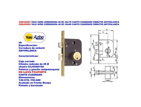 Yale azbe cerradura     49 bc 40x70 c-cuadra.embutir antipalanca