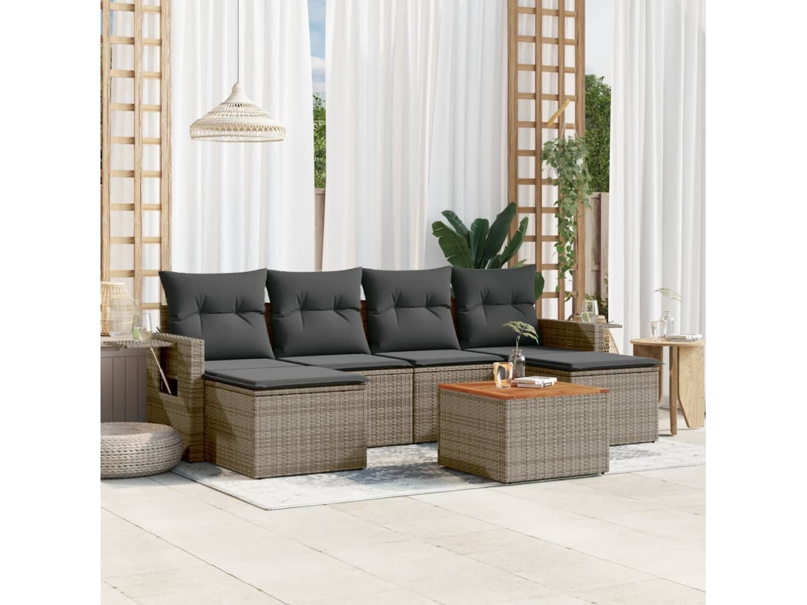 Vidaxl 7 Pcs Conjunto Sofás P/ Jardim C/ Almofadões Vime Pe Cinzento