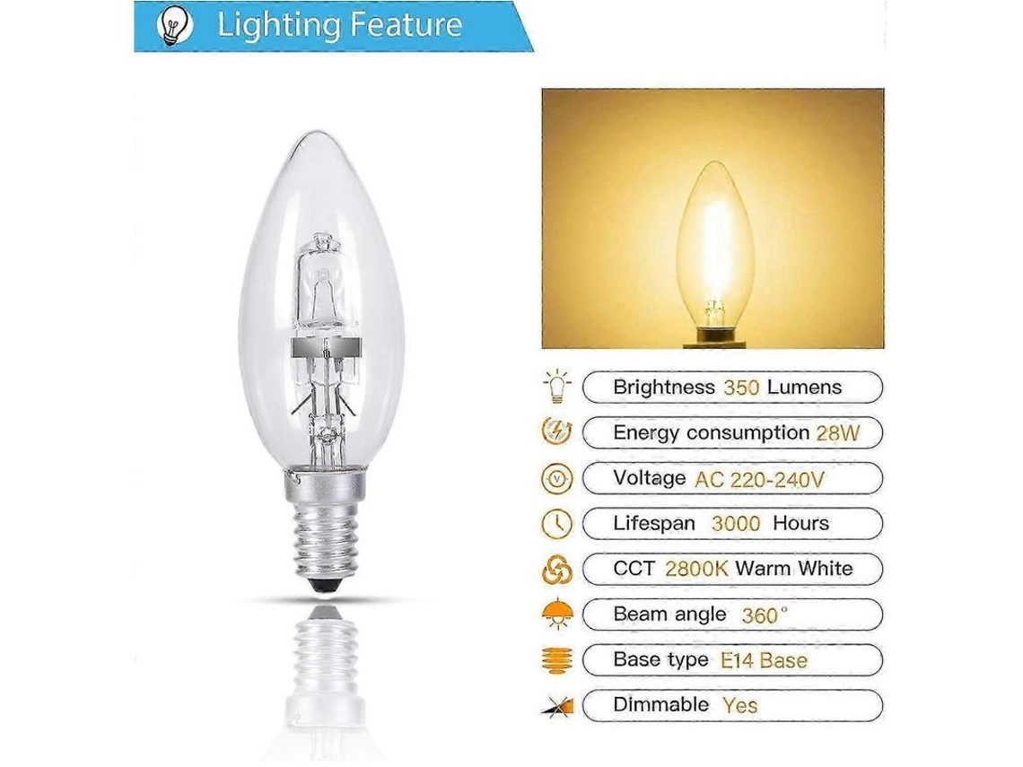 Lâmpadas de Velas Halógenas 28w 5 Pacotes E14 350 Lumens 230v Branco Quente 2800k com Marca