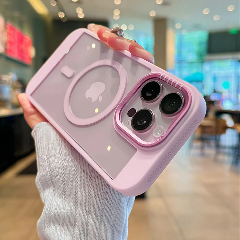 (iphone 14, Rosa) Capa Para Iphone Com Moldura Térmica Magsafe E Parte Traseira Protetora Em Acrílico Transparente.