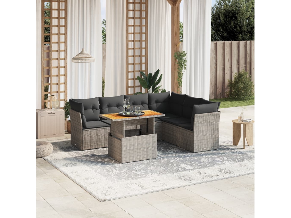 Jogo 7 Peças Sofás P/ Jardim C/ Almofadões Vime Pe Cinza Dkd Home Decor