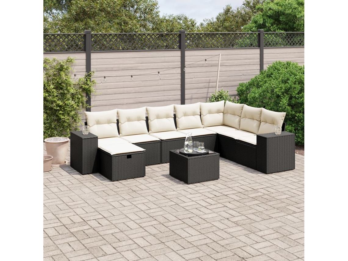 Vidaxl 9 Pcs Conjunto De Sofás P/ Jardim C/ Almofadões Vime Pe Preto