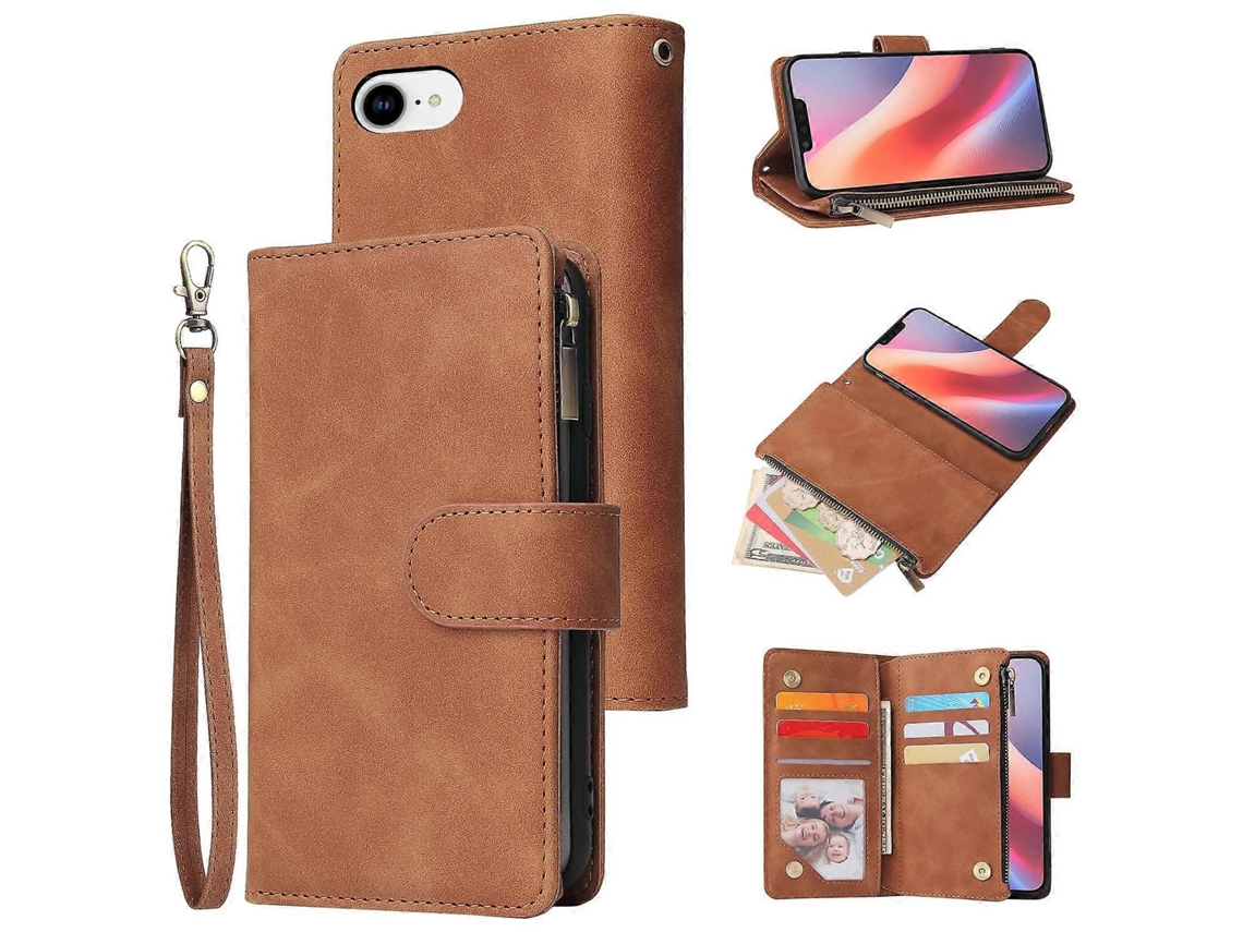 Capa De Couro Com Zíper E Compartimentos Para Cartões Para Iphone 16e - Marrom