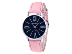 Relógio de pulso feminino rosa analógico de quartzo com mostrador redondo e pulseira de liga metálica.