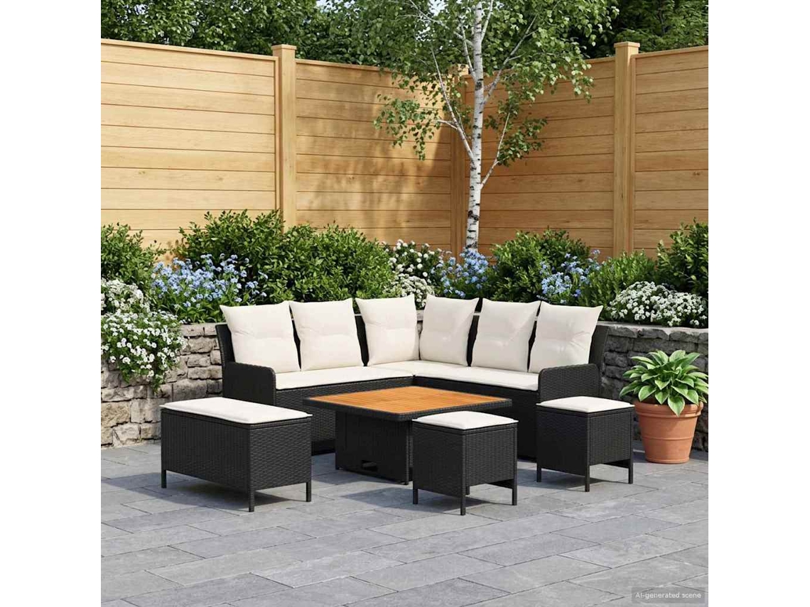 Vidaxl Conjuntos De Móveis 7 Pcs Preto E Creme Rattan De Pe