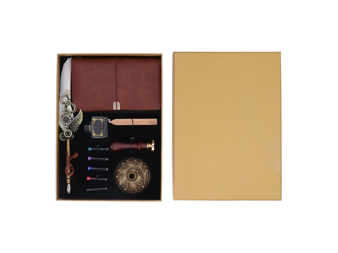Conjunto Pluma De Pena Blanca Textura Mecánica Elegancia Vintage Com Tinta Estampilla E Caderno