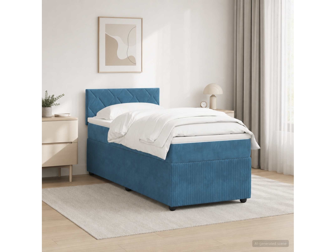 Vidaxl Cama Box Spring Com Colchão Azul 90 X 200 Cm Veludo