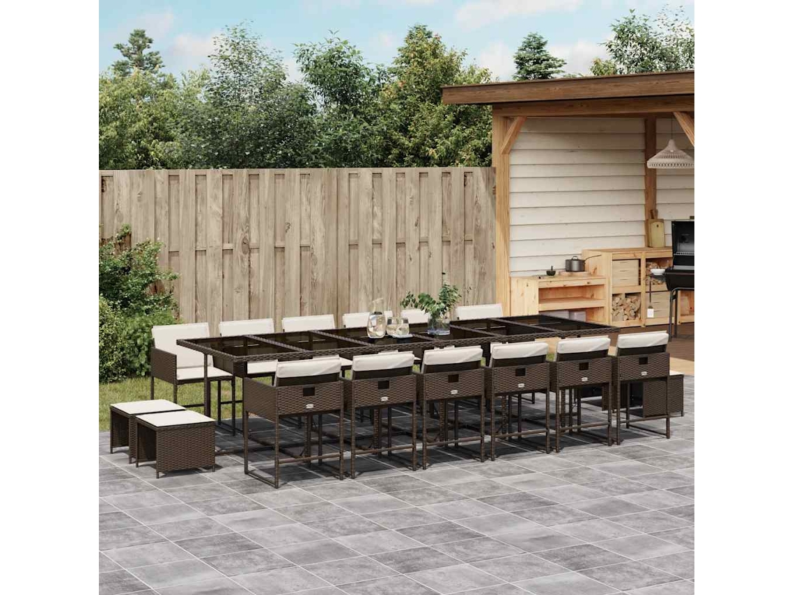 Vidaxl 17 Pcs Conjunto Jantar P/ Jardim C/ Almofadões Vime Pe Castanho