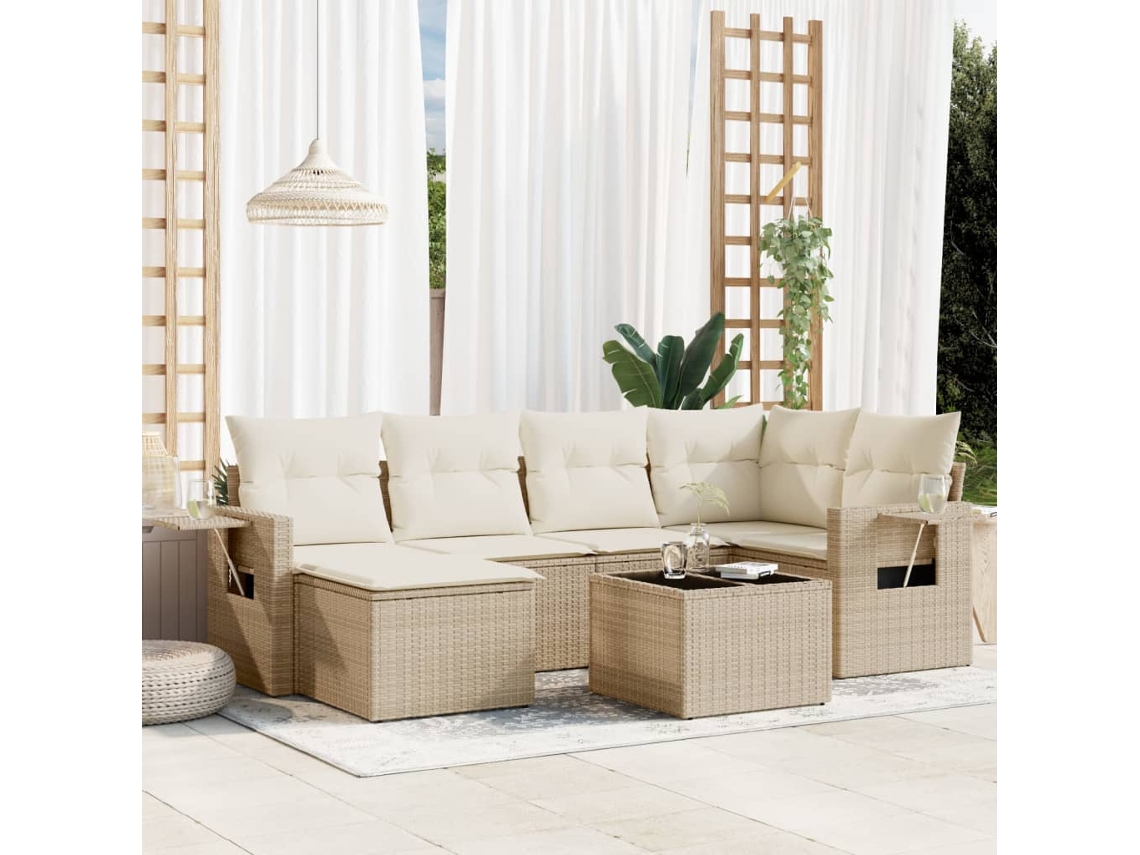 Vidaxl 7 Pcs Conjunto De Sofás P/ Jardim Com Almofadões Vime Pe Bege