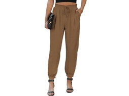Calças Linen Casual Femininas com Cinto Elástico Cintura Alta e Bolsos | S/MARCA
