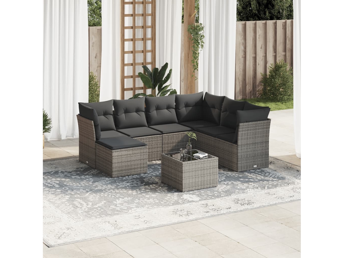 Vidaxl 8 Pcs Conjunto Sofás De Jardim C/ Almofadões Vime Pe Cinzento