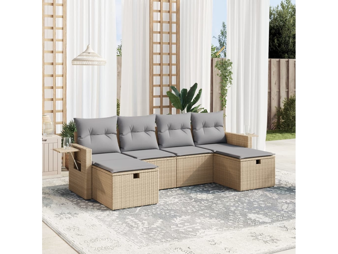 Vidaxl 6 Pcs Conj. Sofás Jardim C/ Almofadões Vime Pe Bege Misturado