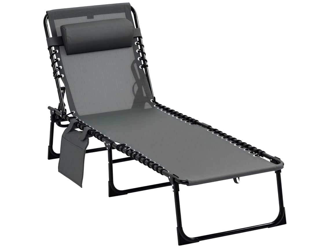 Espreguiçadeira Dobrável De Jardim - Cinza - 185x58x30 Cm - Com Encosto Ajustável Apoio Para A Cabeça Acolchoado Bolso Lateral