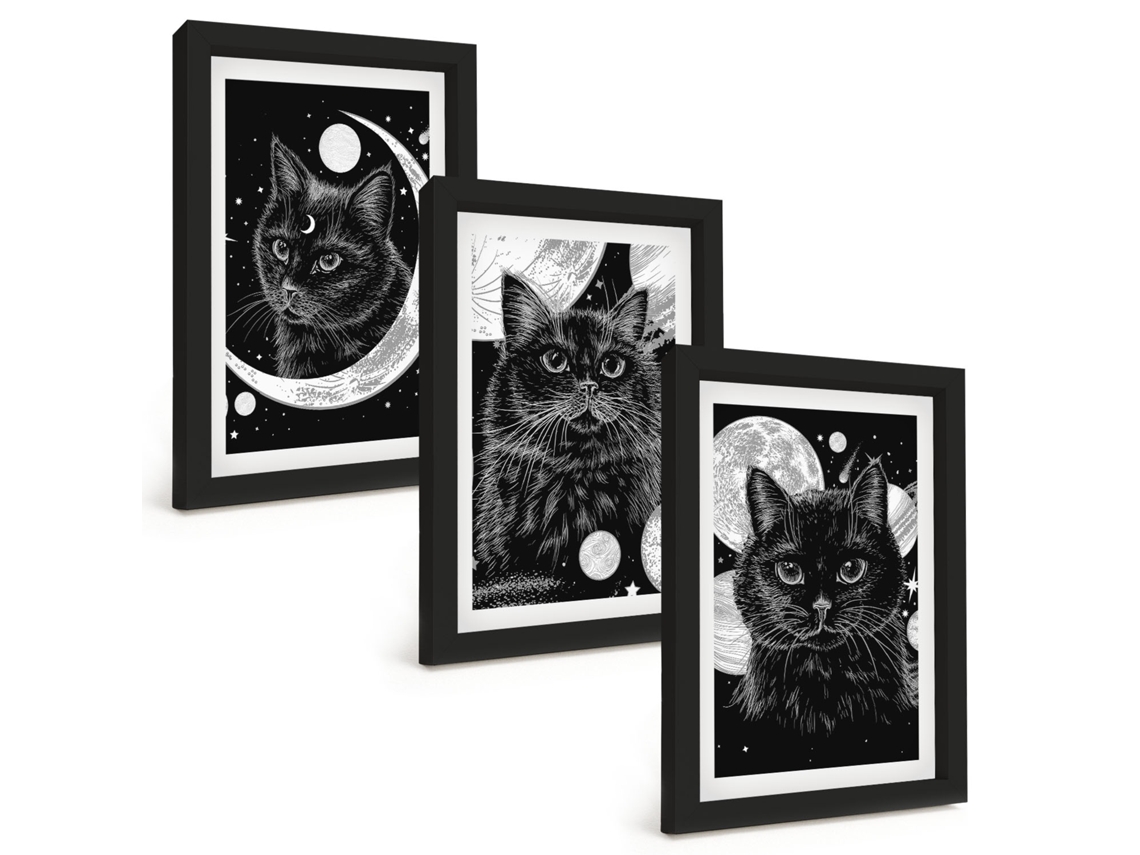 Galeria De Pinturas Murais Gatos Pretos, Lua, Espaço Moldura Preta Fotos Para O Escritório Espelharte (3 Peças 20x30 Cm)