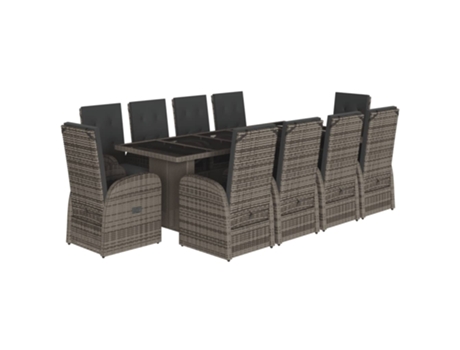 11 Peças Conjunto Jantar Para Jardim Com Almofadões Vime Pe Cinzento Clicnbuy