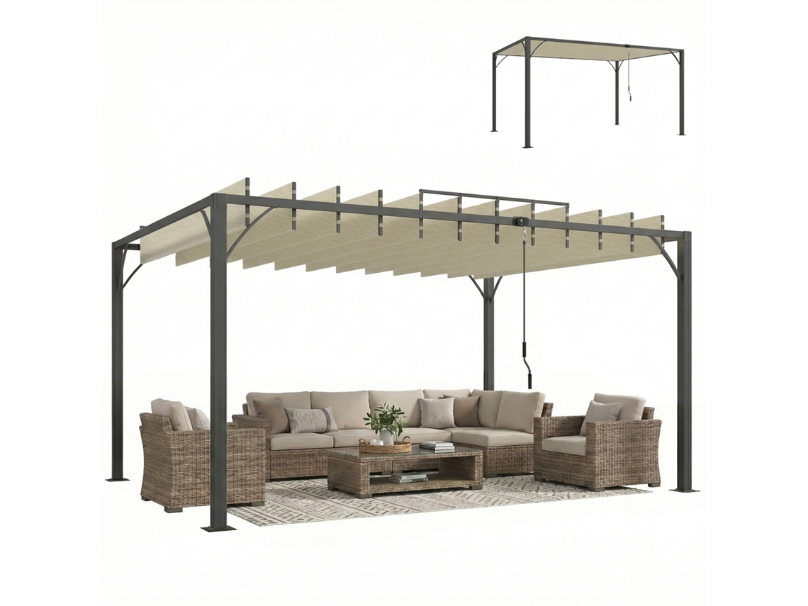 Pérgola 390x2 Para Jardim Com Desenho De Lâminas Superiores Giratórias Até 135° Proteção Uv 50+ Para Pátio Terraço Creme