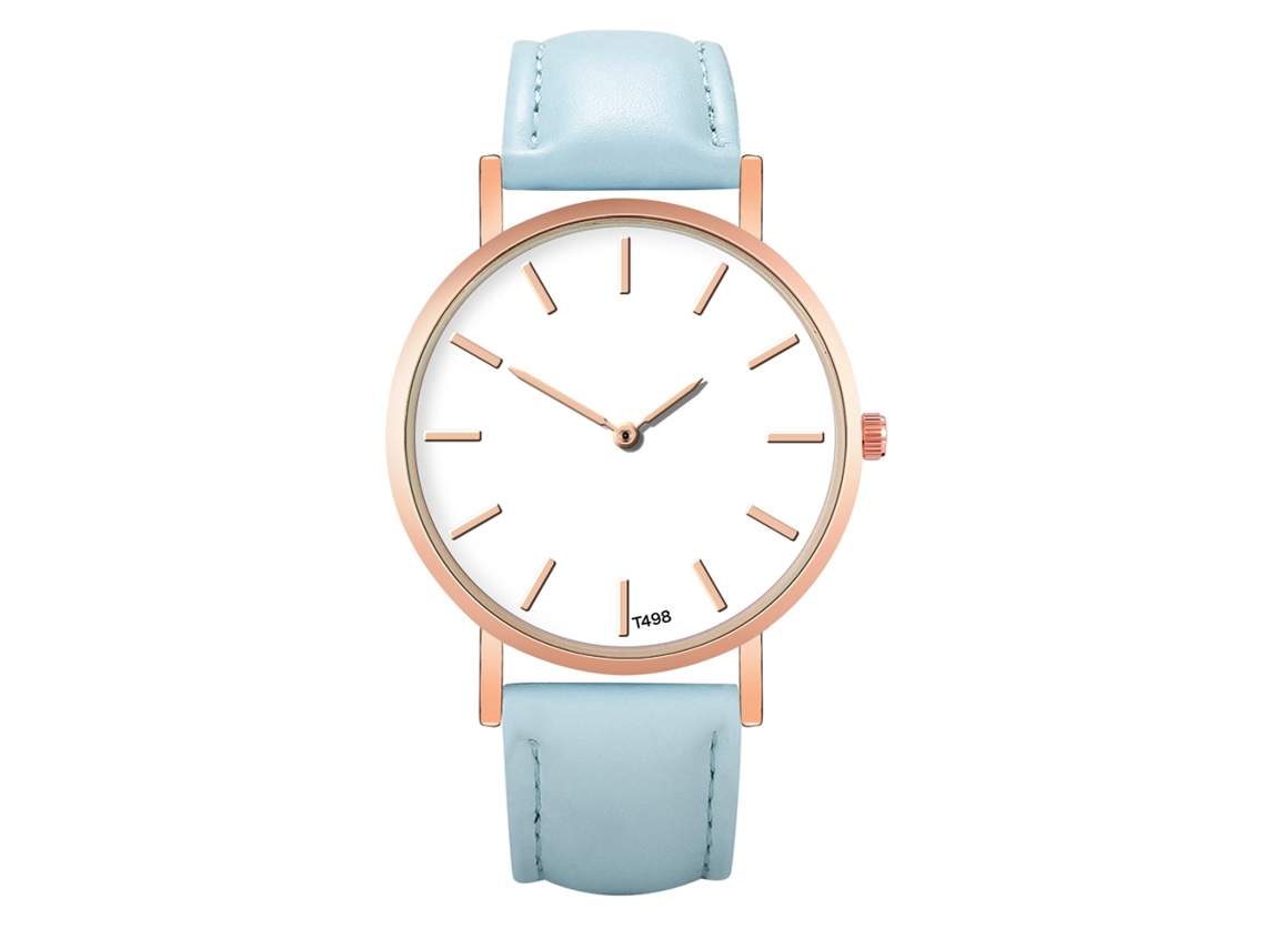 Relógio de Pulso com Pulseira de Couro Pu Design Simples Moda Espelho de Vidro Quartzo Azul Claro