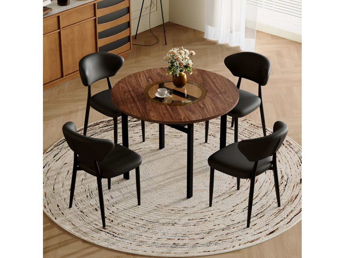 Conjunto Mesa Redonda 100cm Madeira 4 Cadeiras Braços Pu Preto Curvo