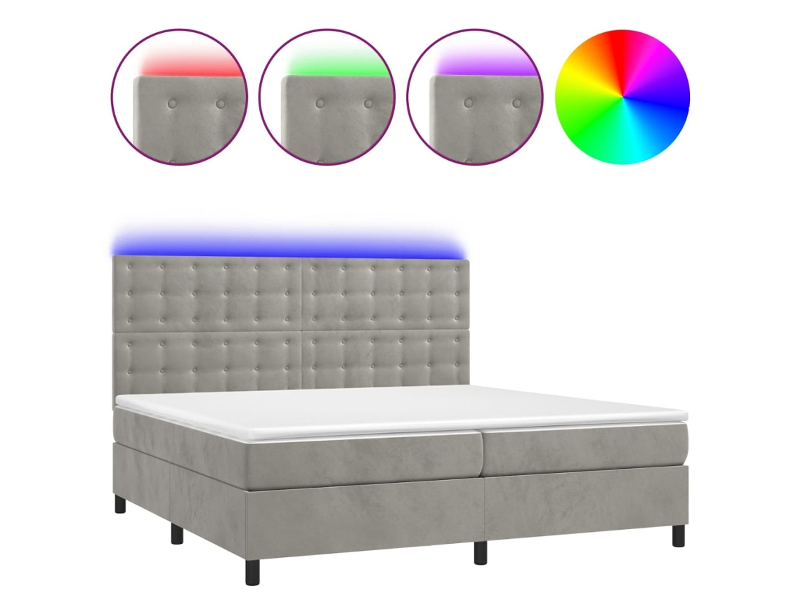 Cama Box Spring com Colchão LED Veludo Cinzento Claro MAISON EXCLUSIVE (200x200 cm)