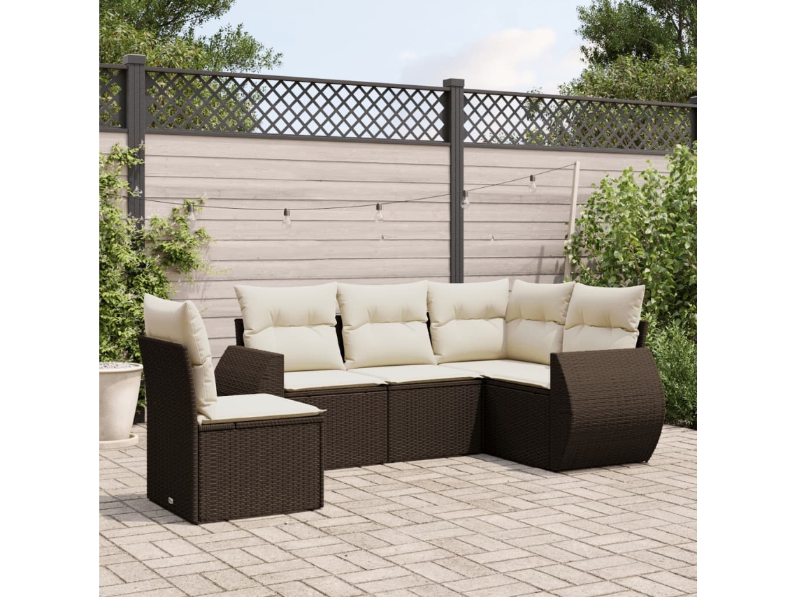 Vidaxl 5 Pcs Conjunto Sofás P/ Jardim C/ Almofadões Vime Pe Castanho