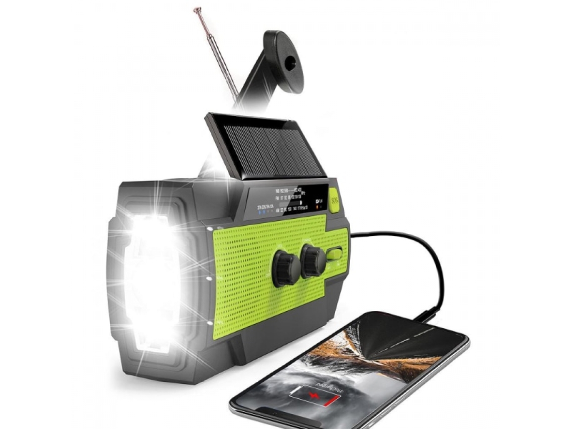 RÁDIO DE EMERGÊNCIA AQUAFORGE com manivela, preto/vermelho, célula solar, lanterna, bateria externa de 2000mah, sobrevivência