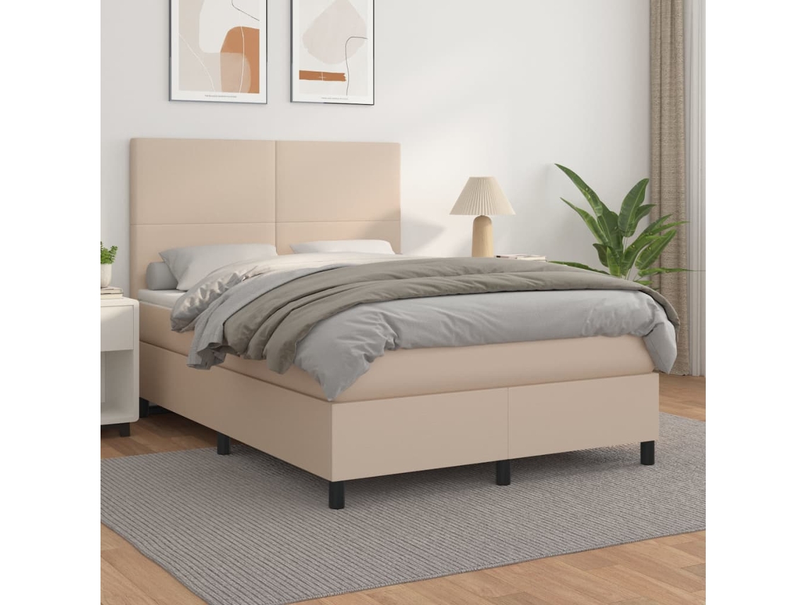 Vidaxl Cama Com Molas/colchão 140x190 Cm Couro Artificial Cappuccino