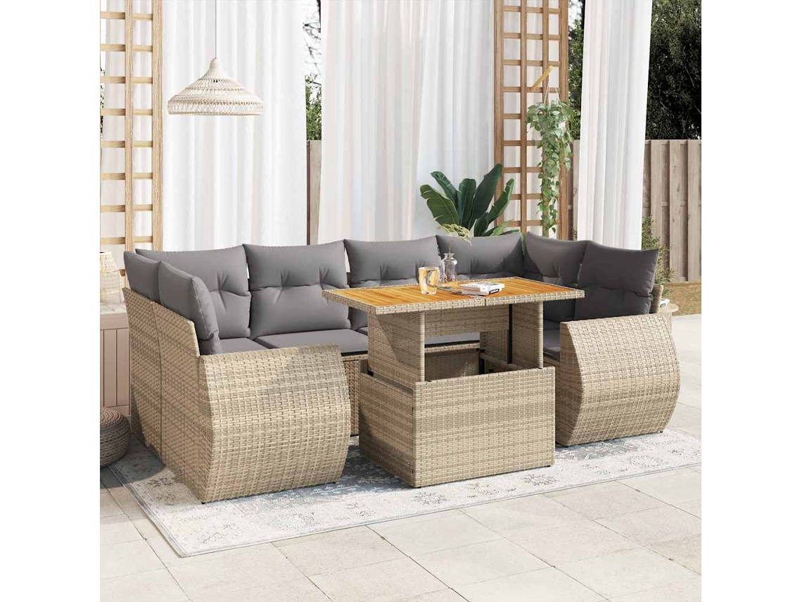 Vidaxl 7 Pcs Conjunto De Sofás P/ Jardim Com Almofadões Vime Pe Bege