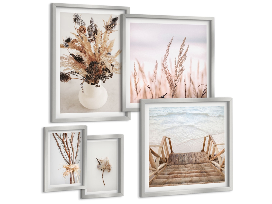 Quadros Decorativos Para Parede Formas Abstratas Em Bege E Cinza Moldura Prateada Quadros Para O Escritório Espelharte (conjunto De 5 Imagens)