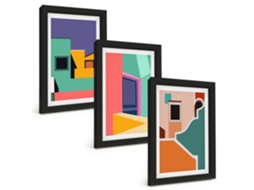 Composição De Quadros Ilustrações De Cidades Coloridas Espelharte (3 Peças 20x30 Cm)