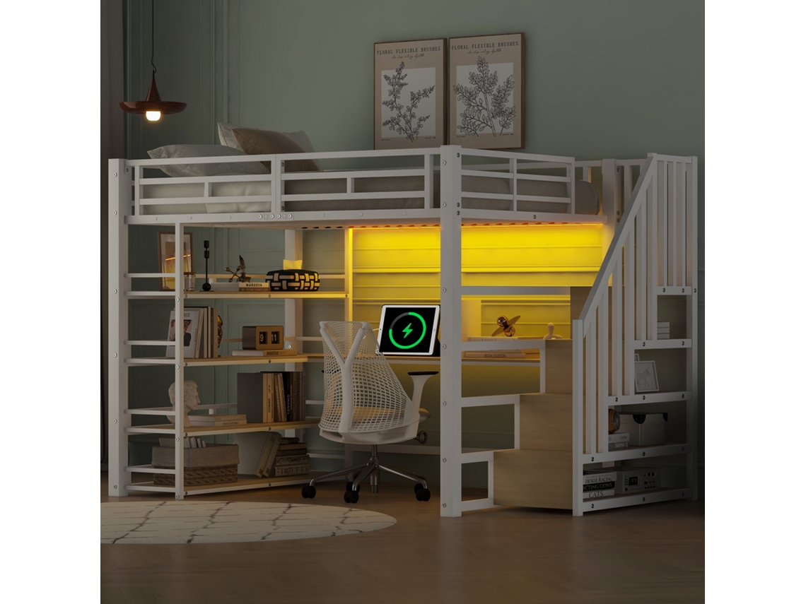 Cama Mezana Metálica 140x200 Com Escada, Escrivaninha, Armazenamento, Usb, Luz Led, Branca.-op