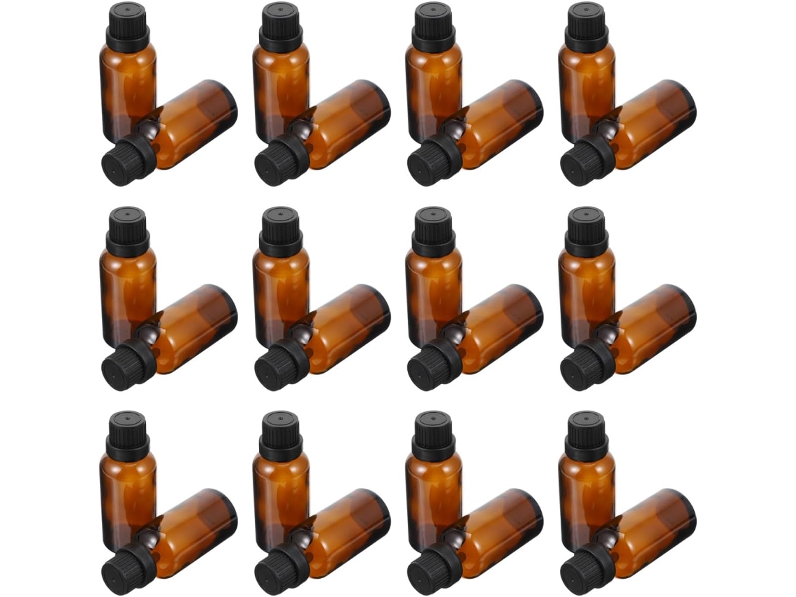 Conjunto de 12 frascos de vidro âmbar, 15ml, para miniaturas de óleos essenciais e perfumes.