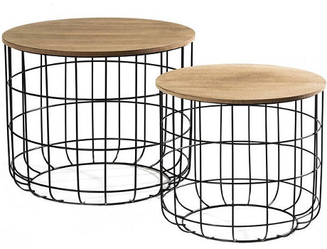 Conjunto de 2 Mesas de Apoio Redondas  (Preto e Bege - 40x36 cm /  50x40 cm - Madeira MDF e Metal)