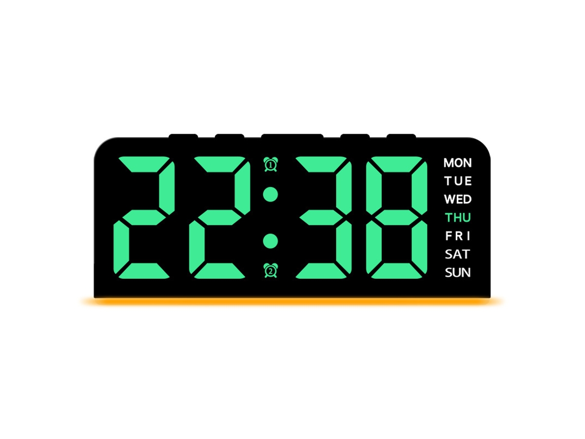 Novo Relógio Digital Grande Led Com Luz De Ambiente, Data, Soneca, 2 Alarmes E Luz De Fundo, Preto Verde. Sfushos