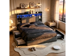 Cama Com Arrumação 140x200-cama De Casal Com Led-para 2 Pessoas Adultos-tomada Usb/tipo C Multifunções-cama Estofada Em Linho-colchão Não Incluído-mdf