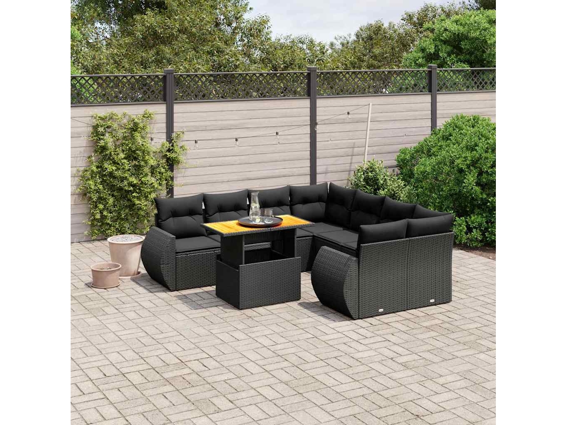 Vidaxl 9 Pcs Conjunto De Sofás P/ Jardim C/ Almofadões Vime Pe Preto