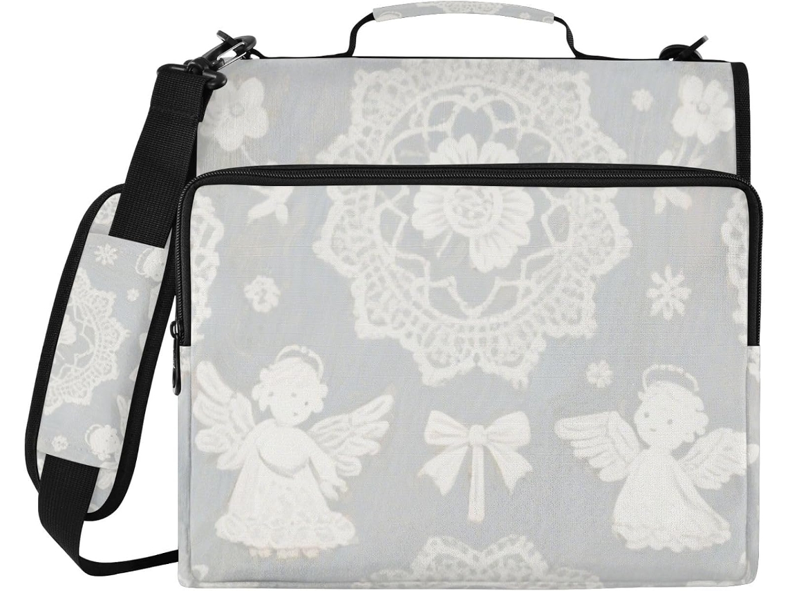 Bolsa Organizadora Branca de Renda com Três Argolas 3,8 Cm, Fecho Zíper e Alça, Vários Bolsos, Portátil para e