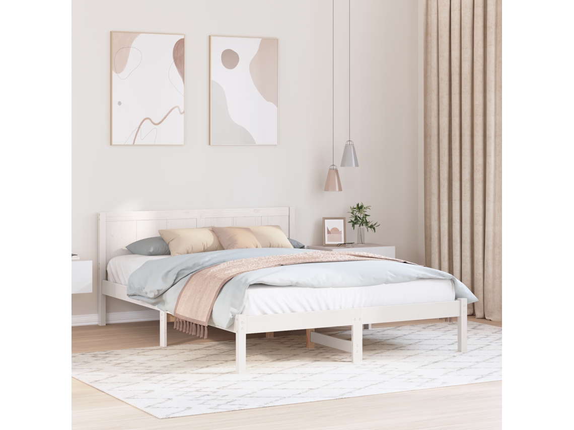 Estrutura De Cama Branca De Pinho Branca Madeira 150 X 200 Cm