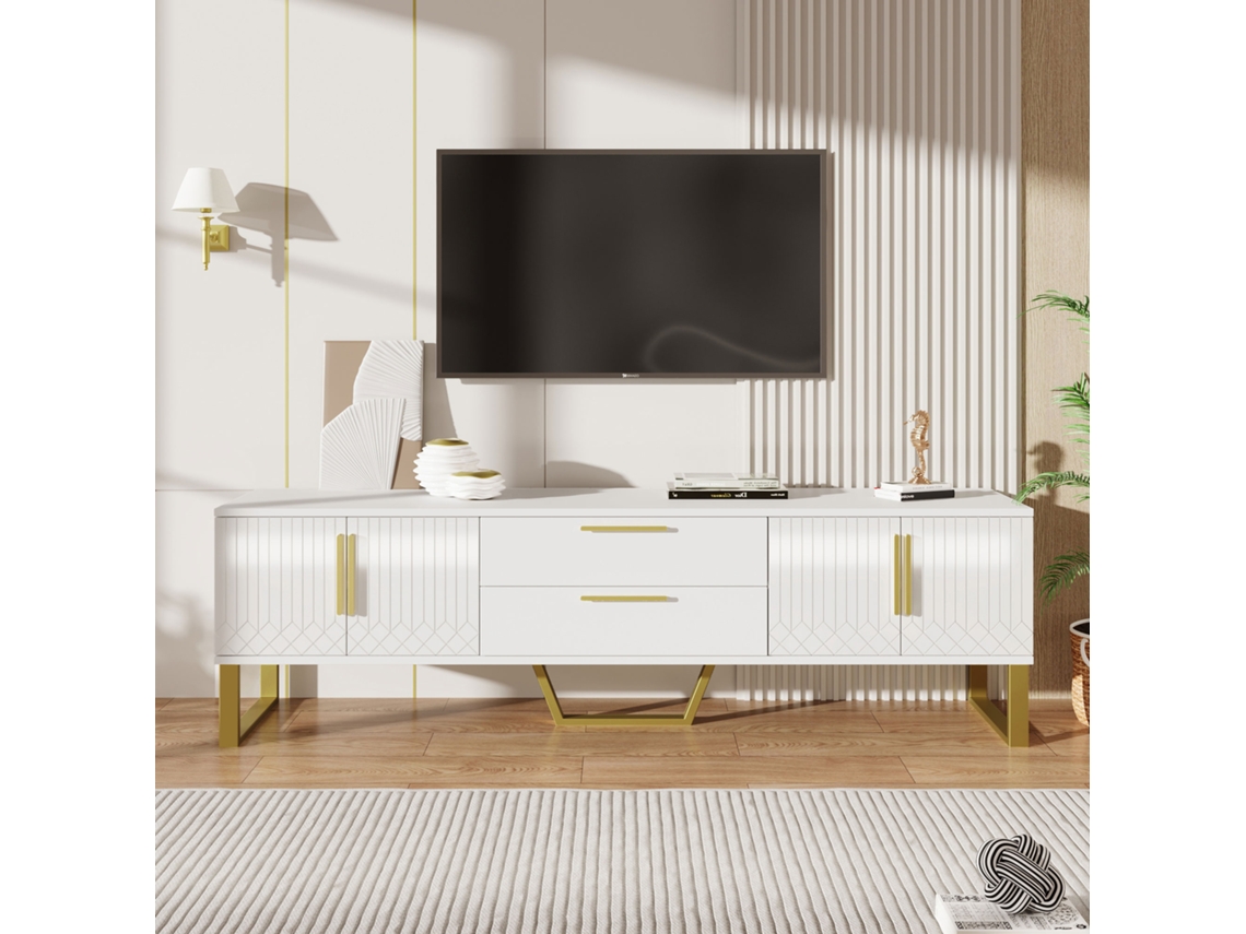 Móvel Tv Brilhante Dourado com Textura Elegante e Arrumação VELTRIX