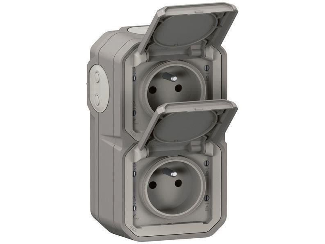 Tomada Dupla Legrand Com Terra Impermeável Pré Cablada Com Obturador Plexo 16a 250v Cinza