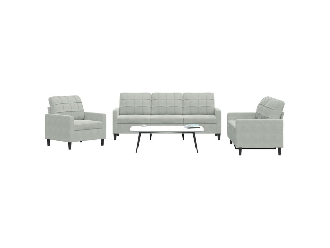 Vidaxl 3 Pcs Conjunto De Sofás Com Almofadões Veludo Cinzento-claro