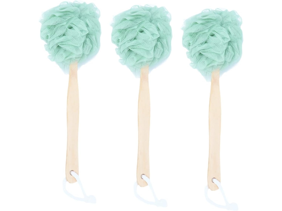 Conjunto Valiclud De 3 Escovas Banho Verdes Com Cabos Longos Madeira E Nylon, Design Ergonômico E Portátil Para