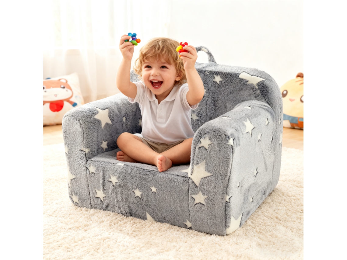 Sofá Infantil Espuma Alça Bolsos Laterais Cinza Quarto BRAVENTO