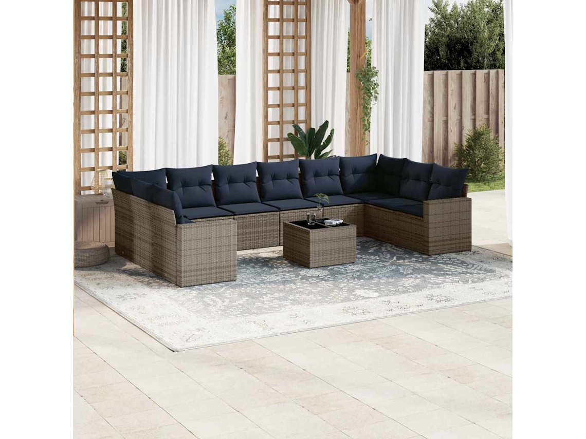 Vidaxl 11 Pcs Conjunto Sofás De Jardim C/ Almofadões Vime Pe Cinzento
